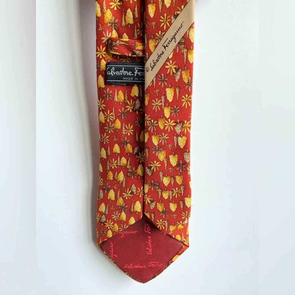 Salvatore Ferragamo 100% Silk Tie Made in Italy Autumn Fall Tuscan Trees